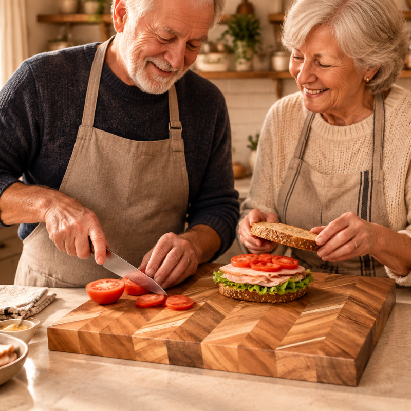 Planche à découper bois personnes âgées se préparant sandwich