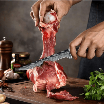 couteau cuisine damas tranchant viande boeuf sur os