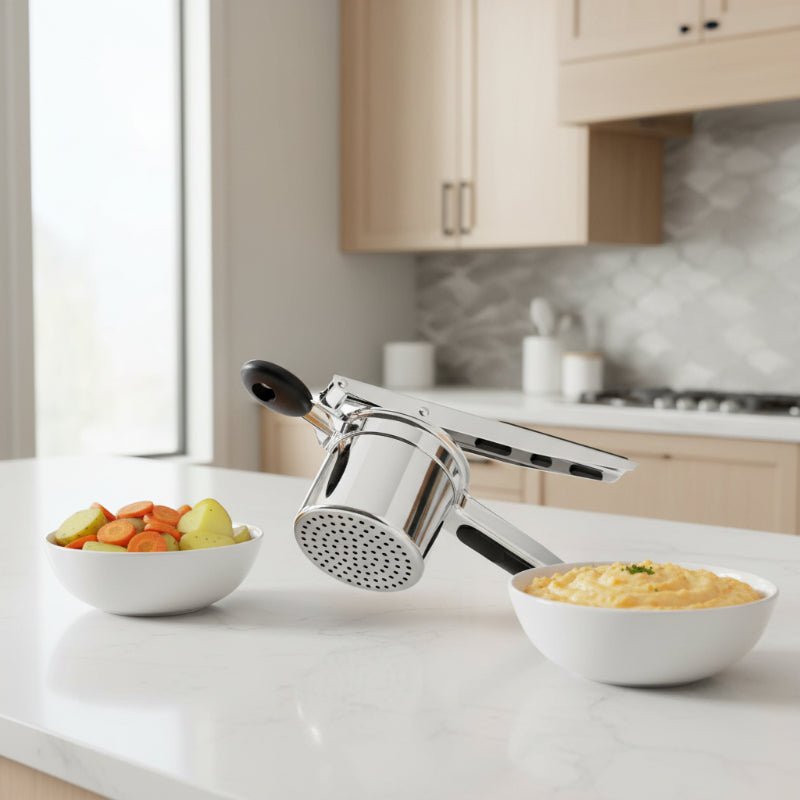 presse puree inox bol légumes cuits et bol purée