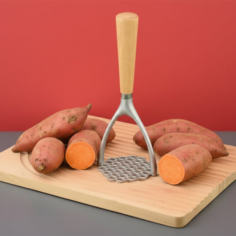 presse purée sur planche découper avec patates douces