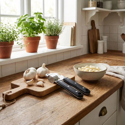 Presse ail sur planche découper avec ail et fine herbe
