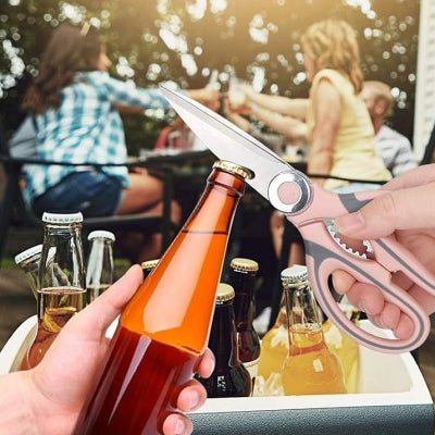 Ciseaux de cuisine multifonction rose ouvre bouteille