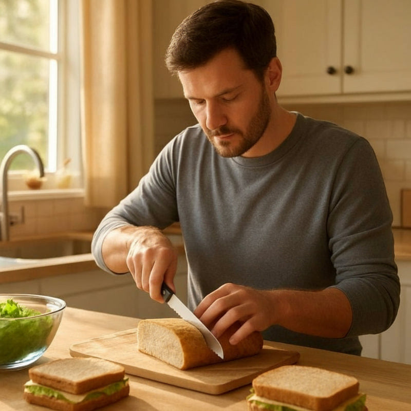 Couteau à pain mie noble homme préparant sandwich rapidement