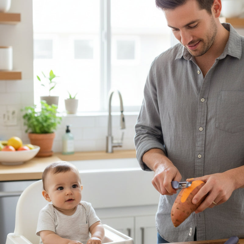 Econome pomme de terre homme épluchant patate douce pour purée bébé