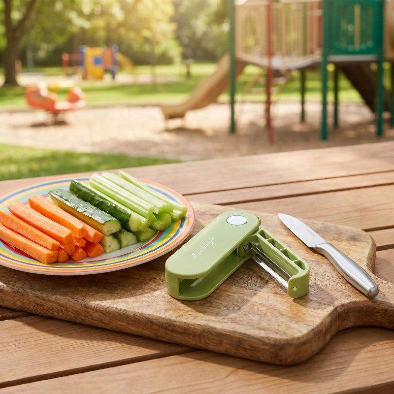 Épluche carotte sur table au parc avec légumes