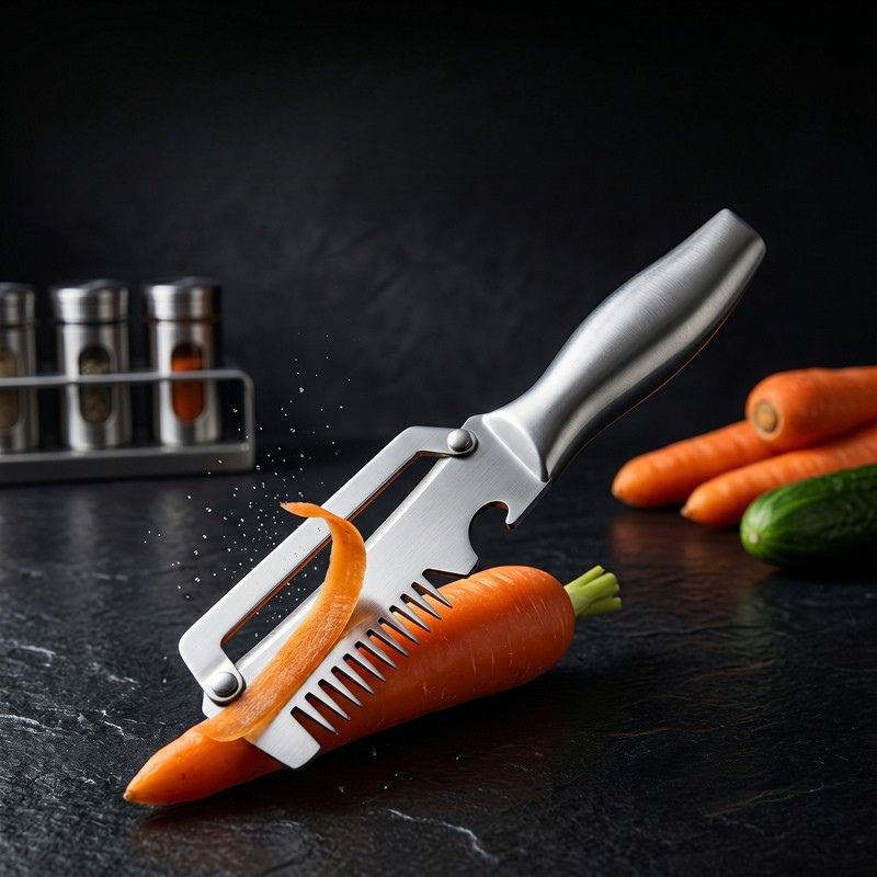 Eplucheur carotte avec légumes sur comptoir cuisine