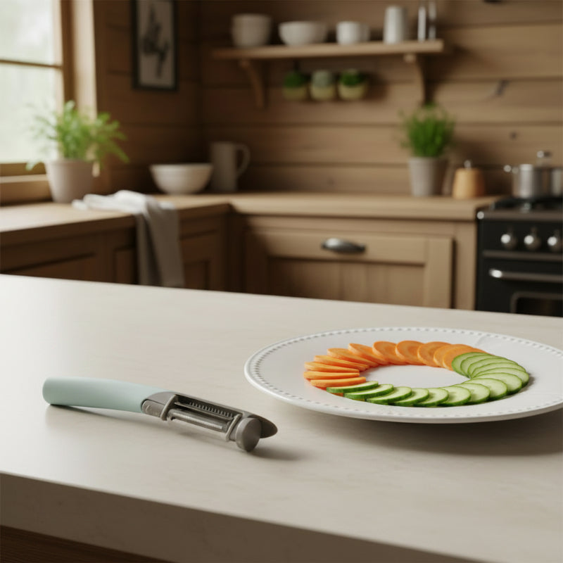 Eplucheur carottes sur comptoir cuisine avec assiette carotte concombre
