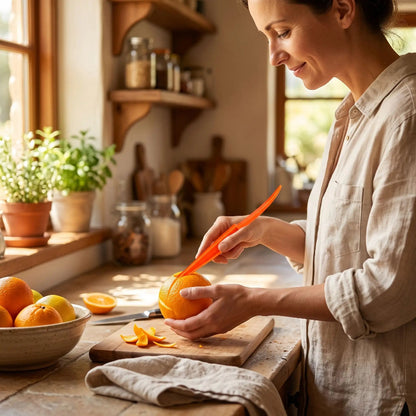 Eplucheur dame épluchant sans dégât orange sur comptoir cuisine