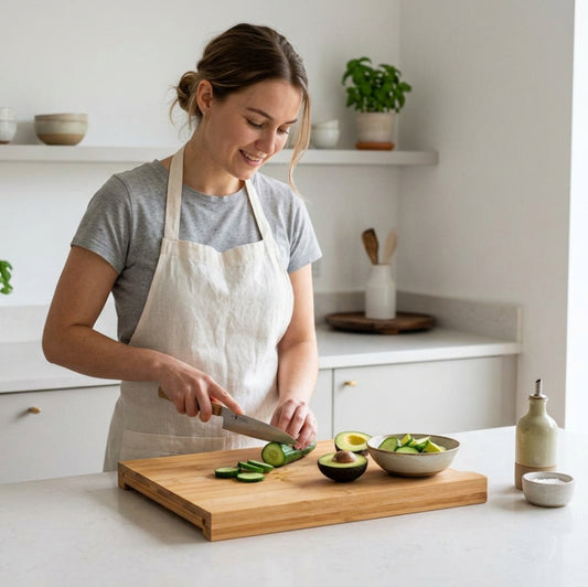Planche à découper bambou dame coupant concombre avocat sur planche