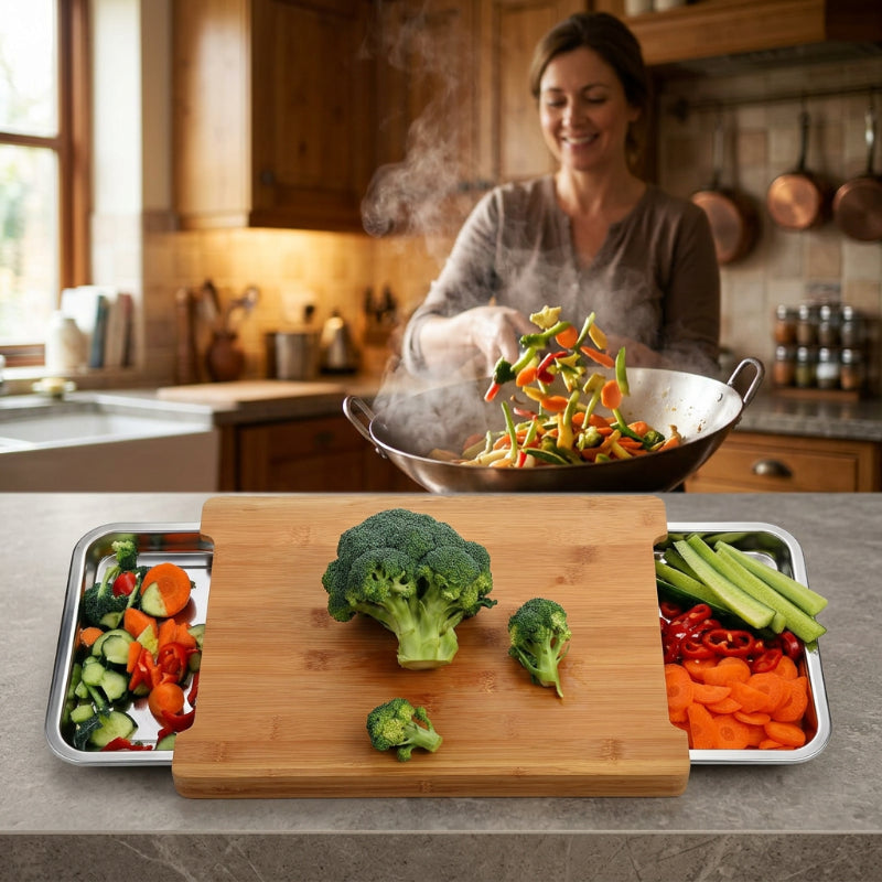 Planche à découper bambou dame préparant sauté légumes