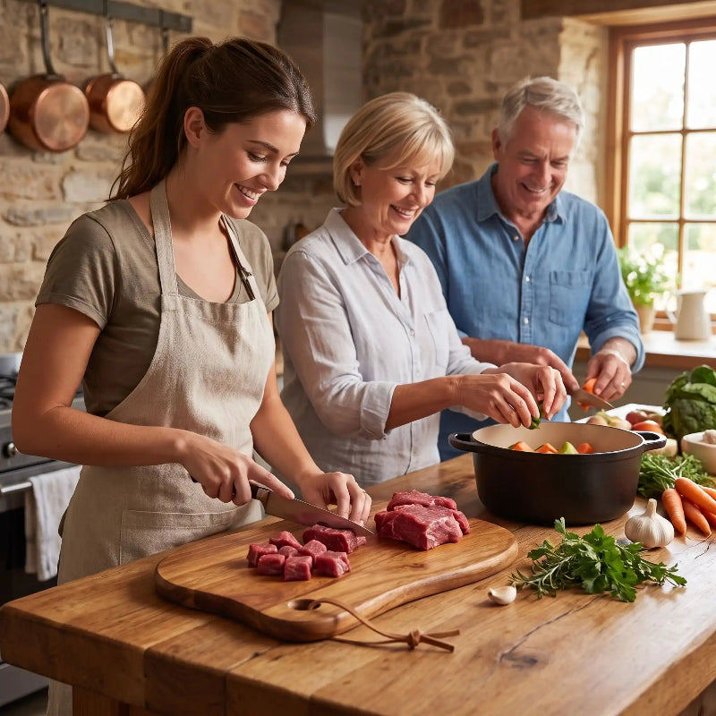 Planche à découper bois femme coupant boeuf pour repas avec parents