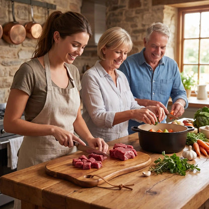 Planche à découper bois femme coupant boeuf pour repas avec parents