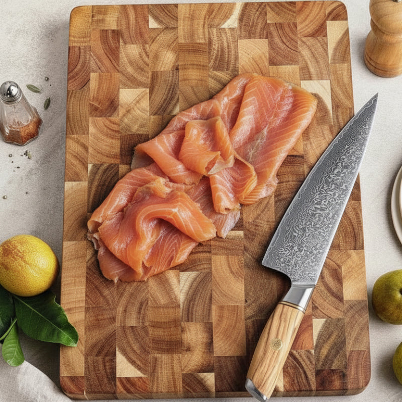 Planche a decouper damier bois trancher saumon