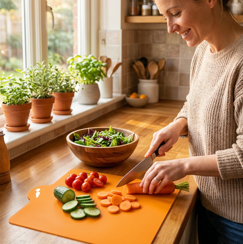 Planche à découper plastique dame préparant salade coupant carotte concombre