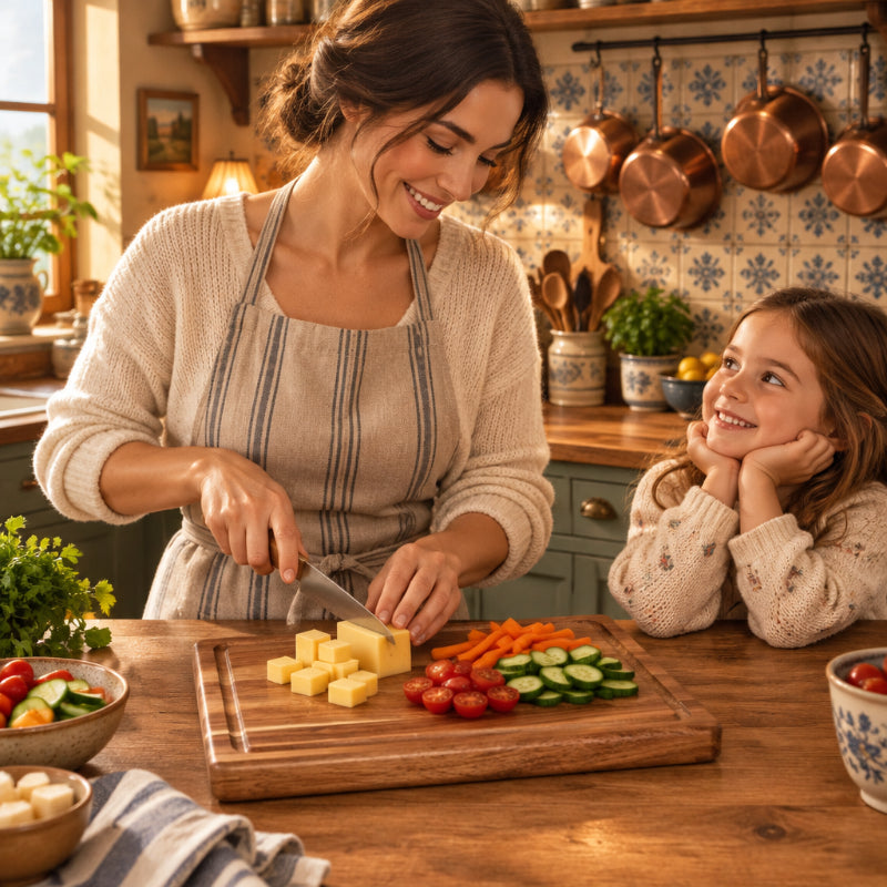 planche decouper bois femme coupant fromage légumes avec fillette