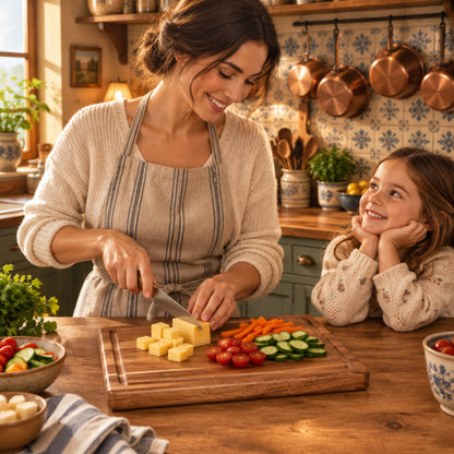 planche decouper bois femme coupant fromage légumes avec fillette