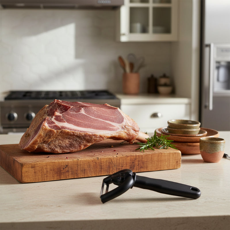 Trancheuse a jambon sur planche découper pour retirer gras