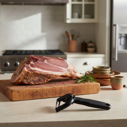 Trancheuse a jambon sur planche découper pour retirer gras