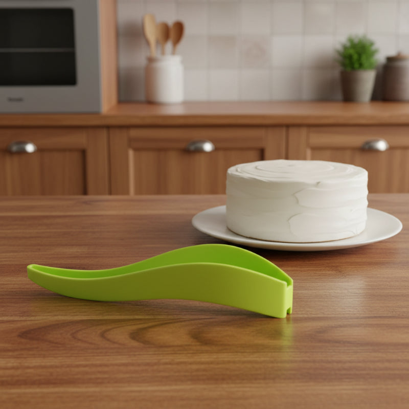 Trancheuse slicemagique trancheuse plastique vert sur comptoir avec gâteau