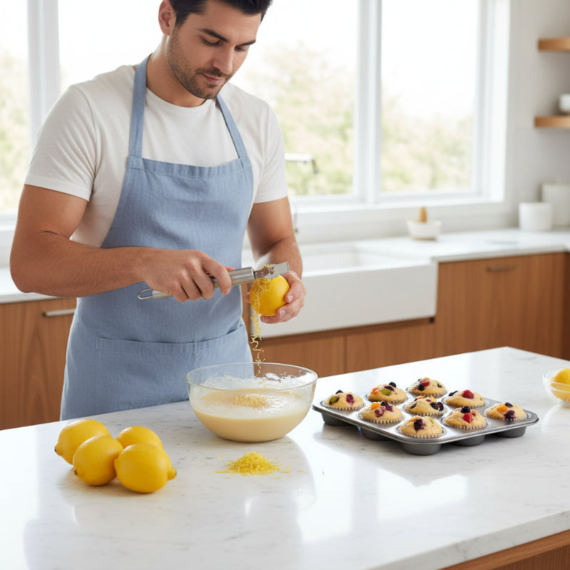 Zesteur citron homme préparant muffins fruits ajoutant zeste citron