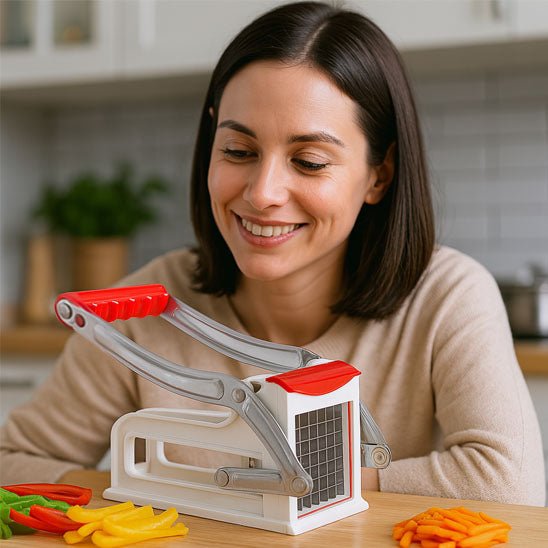 Coupe frite L'Efficient femme heureuse résultat légumes format frite