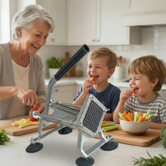 coupe frite grand-mère préparant bâtonnets de légumes pour collation des enfants