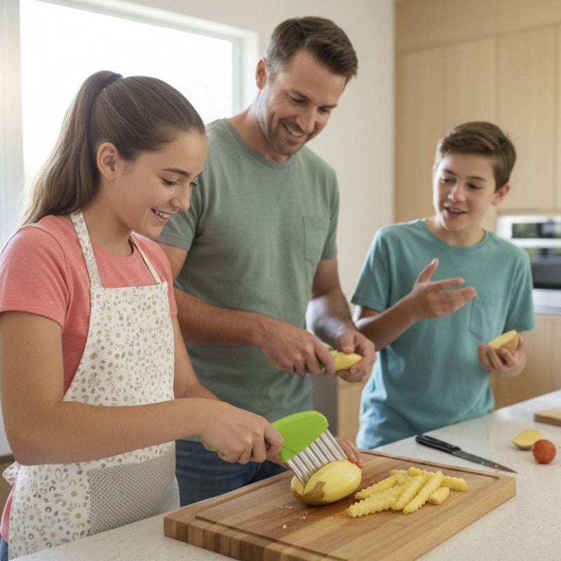 coupe frite manuel famille préparant frites