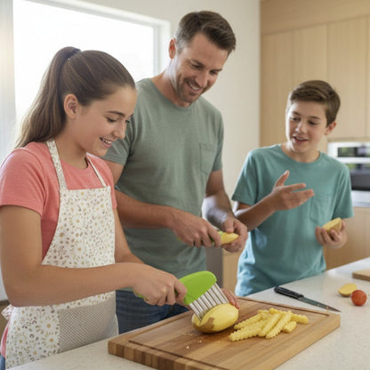 coupe frite manuel famille préparant frites