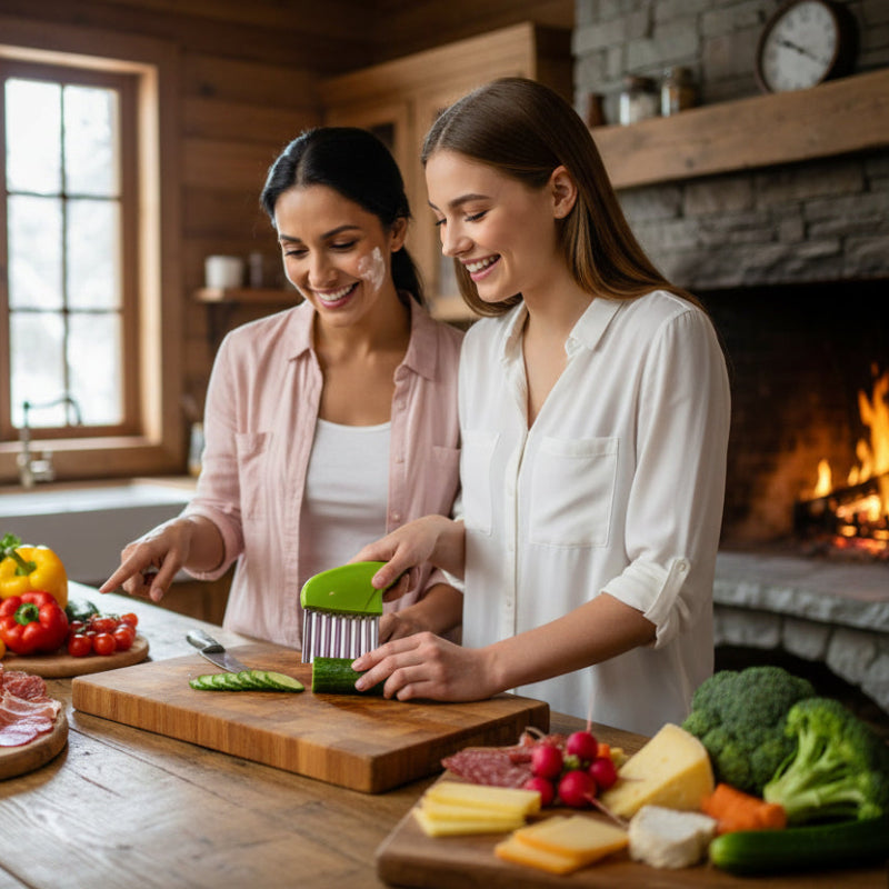 coupe frite manuel préparer plateau légumes charcuterie trancher concombre ondulé