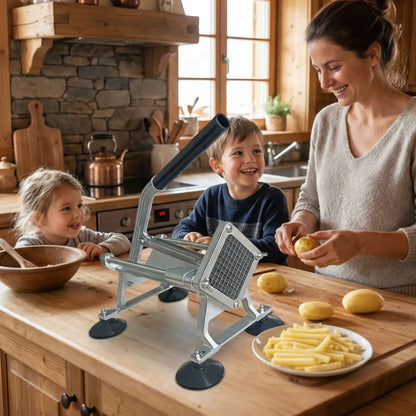 coupe frite mère préparant frites avec ses enfants au chalet