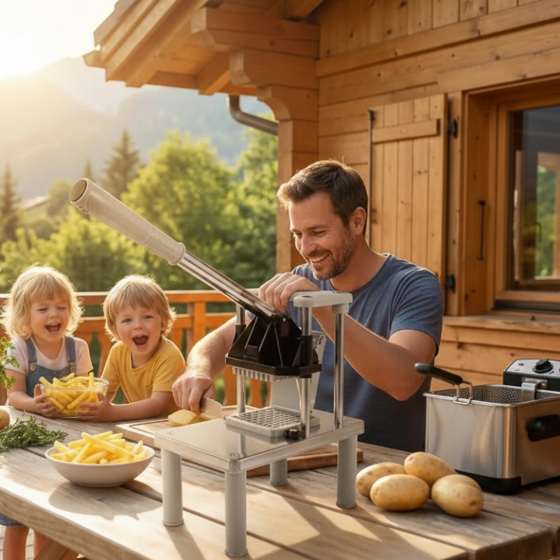 coupe frite professionnel homme préparant frite rapidement avec enfants