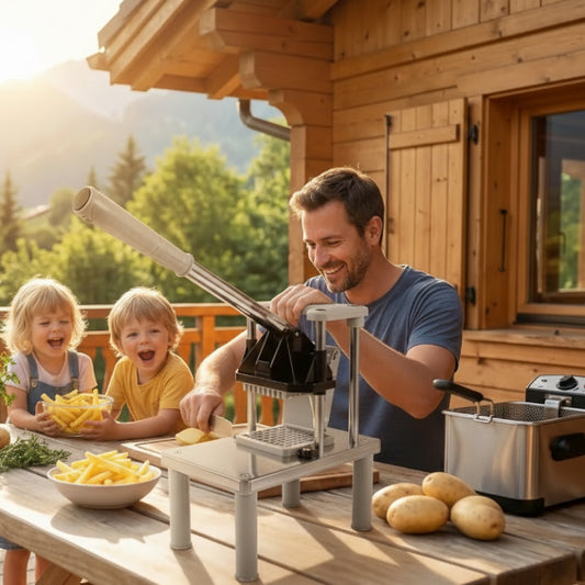 coupe frite professionnel homme préparant frite rapidement avec enfants