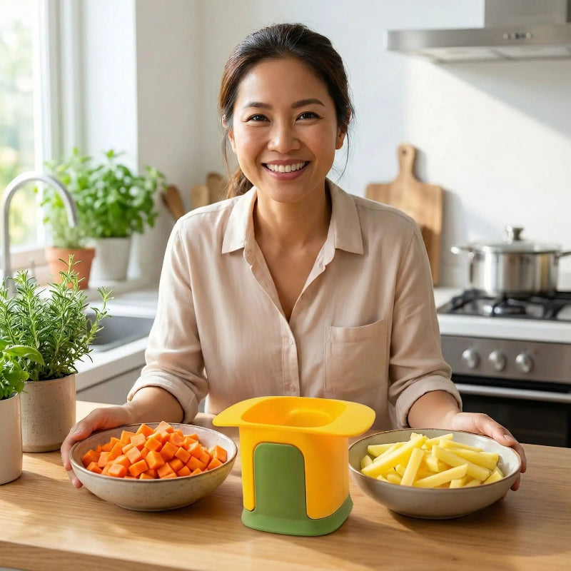 coupe frites femme satisfaite cubes carottes frites