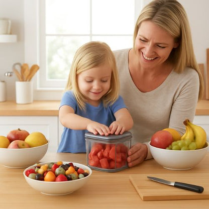 coupe frites fillette poussant contenant coupant fraises pour salades fruits