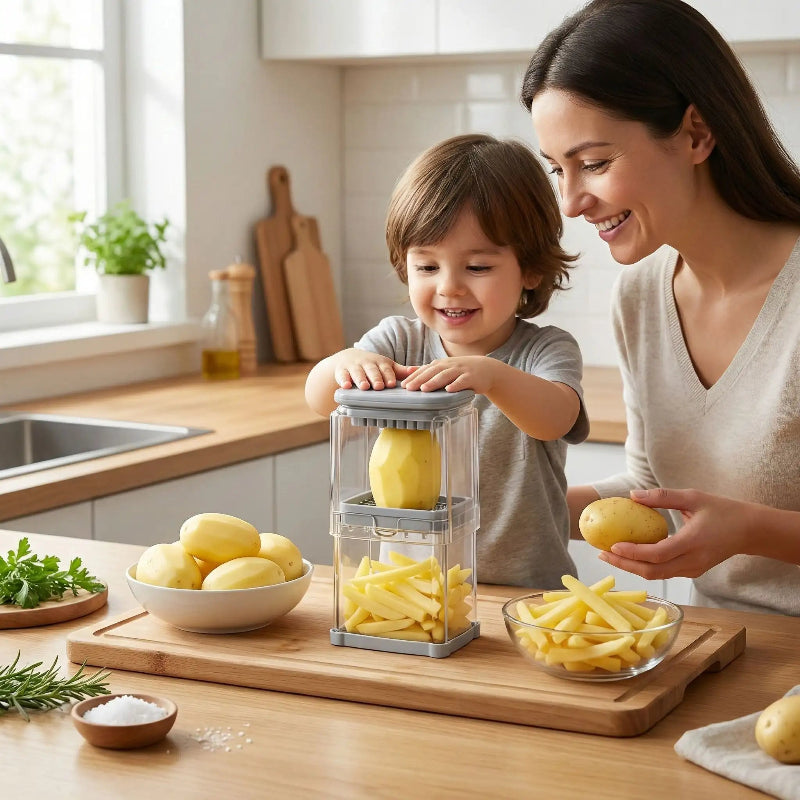 coupe frites garçon poussant contenant coupant patate pour frites maison