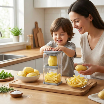 coupe frites garçon poussant contenant coupant patate pour frites maison