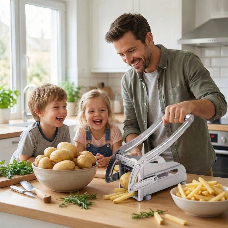 coupe frites professionnel homme préparant rapidement frite avec famille