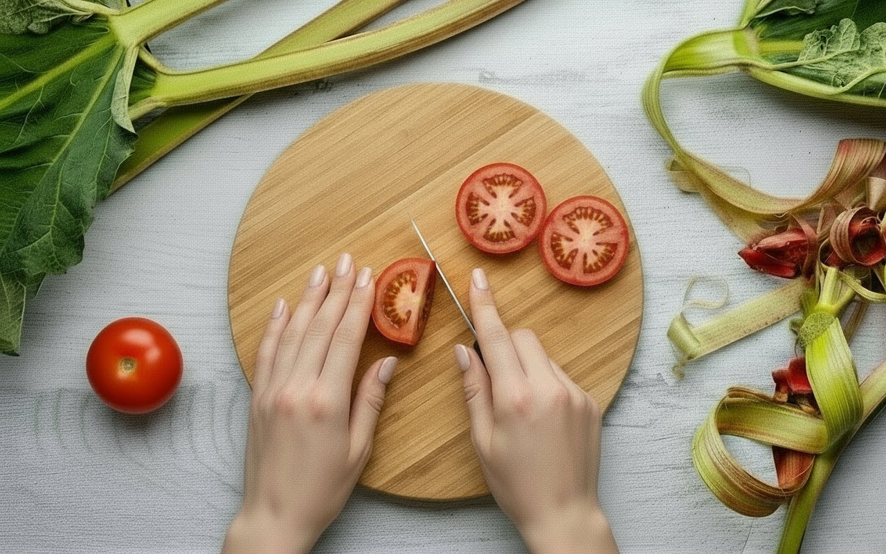 decoupe des aliments tomates rhubarbes planche a decouper
