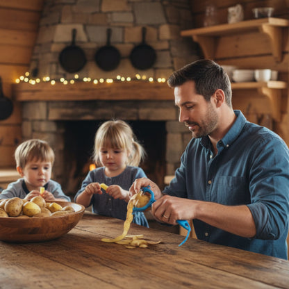 eplucheur carotte homme épluchant pomme de terre avec enfants au chalet
