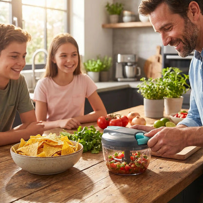 hachoir viande manuel homme préparant salsa maison avec enfants