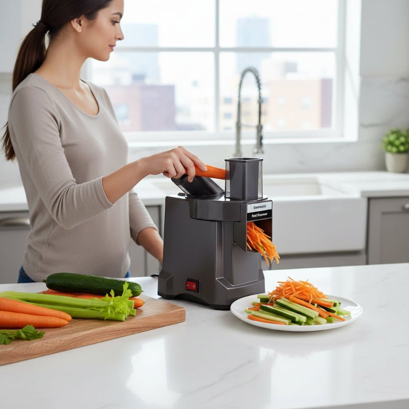 mandoline cuisine professionnel electrique dame préparant batônnets légumes