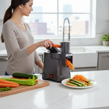 mandoline cuisine professionnel electrique dame préparant batônnets légumes