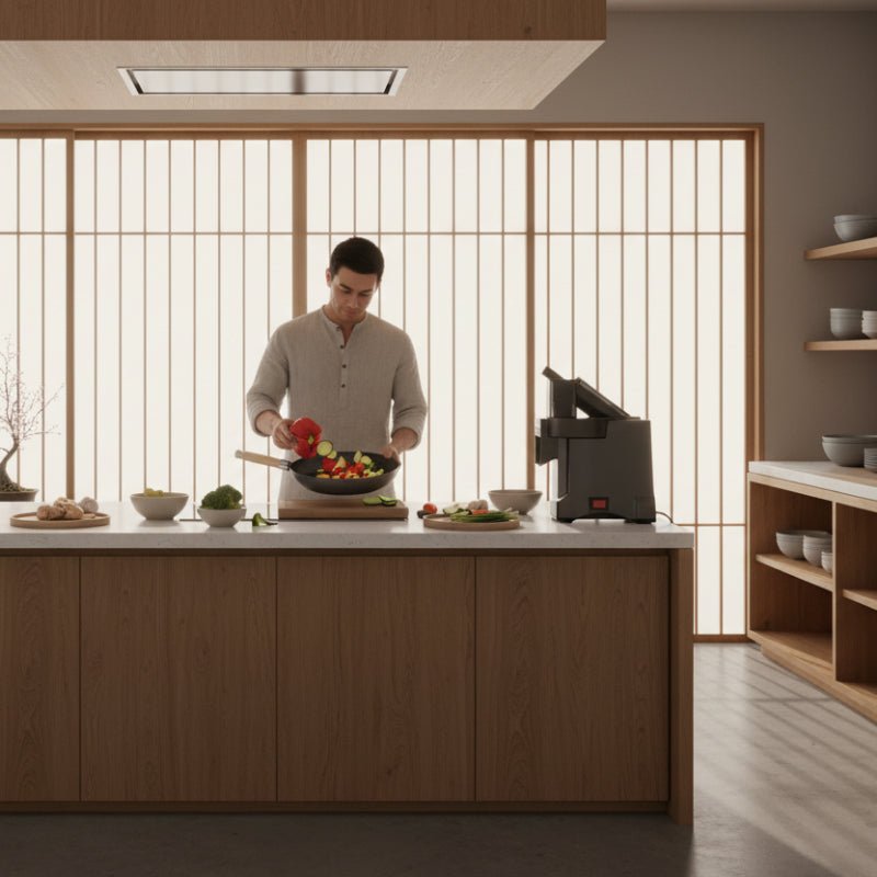mandoline cuisine professionnel electrique homme préparant repas sauté légumes