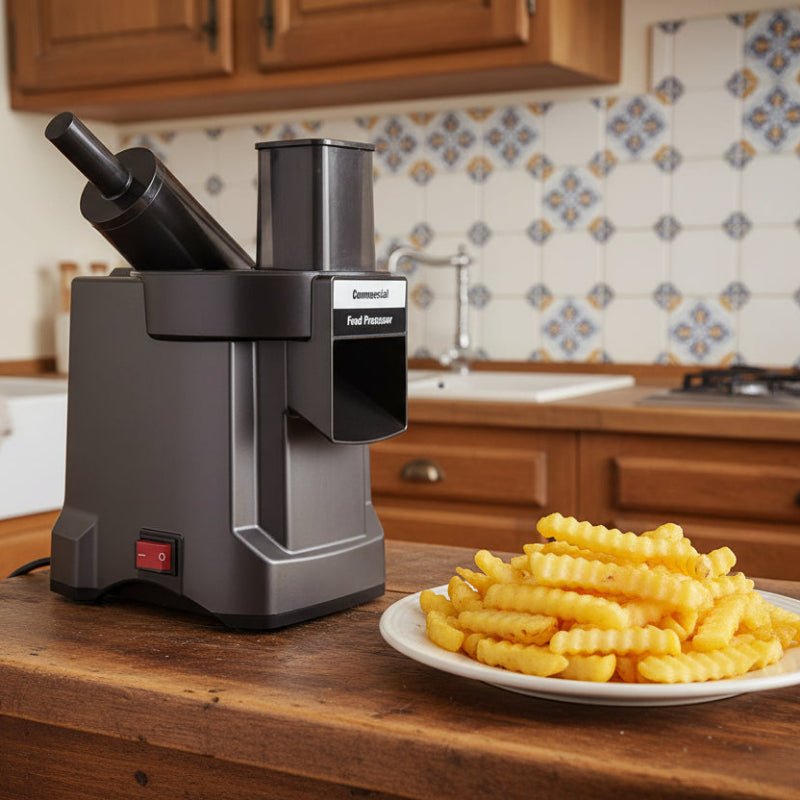 mandoline cuisine professionnel electrique sur comptoir avec assiette frites ondulées