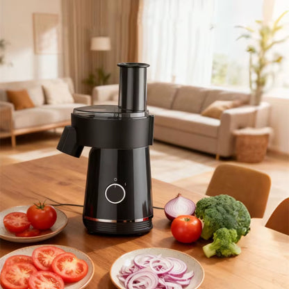 mandoline de cuisine electrique assiette légumes tranchées sur table cuisine