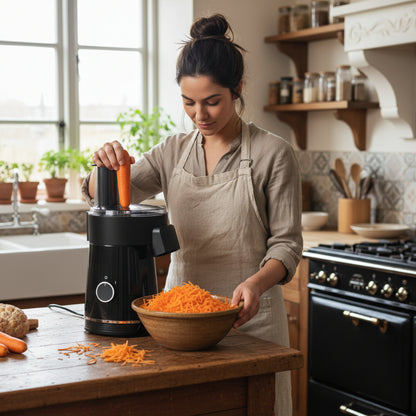 mandoline de cuisine electrique dame préparant salade carotte râpées