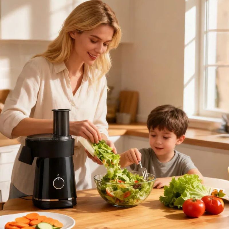 mandoline de cuisine electrique mère préparant salade avec enfant