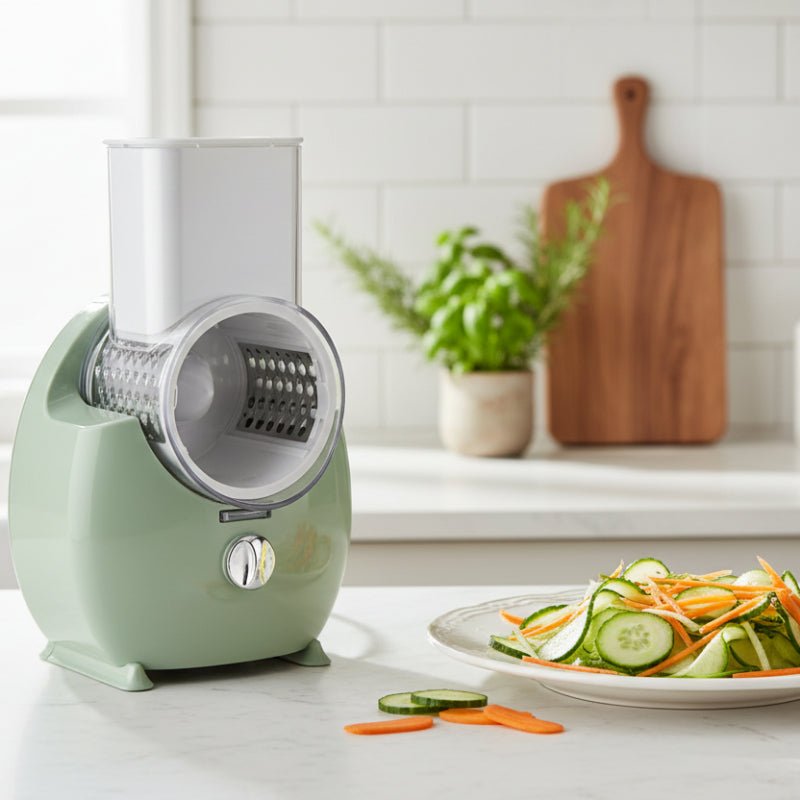 mandoline electrique cuisine comptoir avec assiette légumes