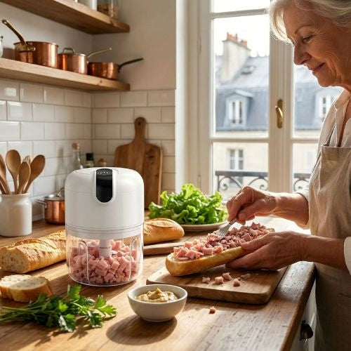 mini hachoir électrique grand-mère préparant sandwich jambon haché