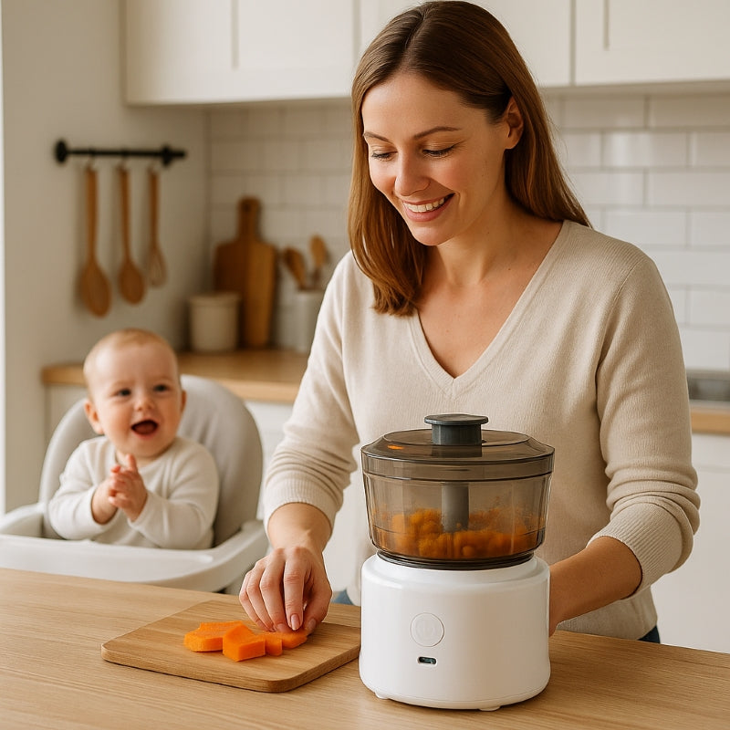 mini hachoir electrique maman préparant repas bébé